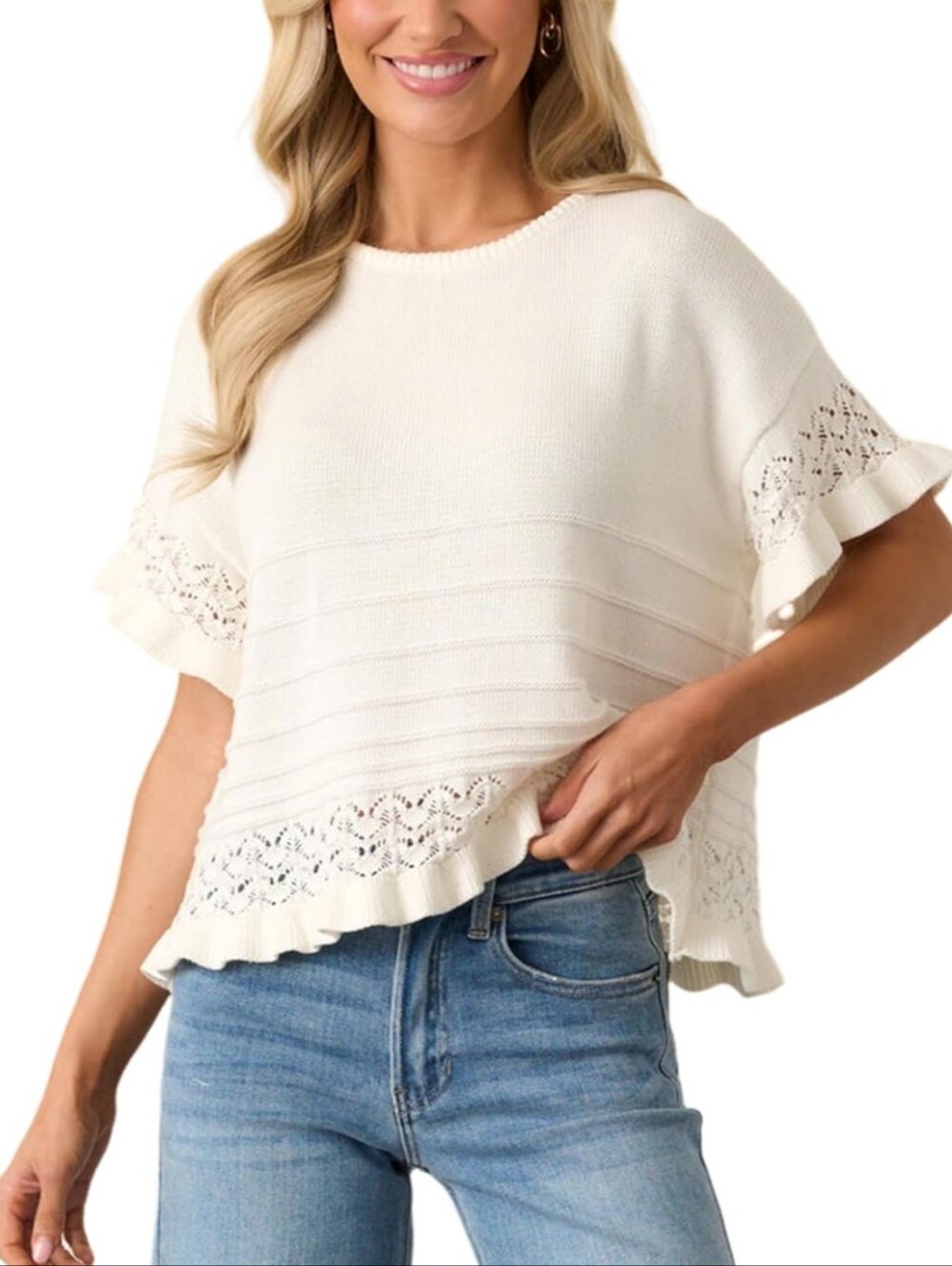 White Women's Short Sleeve Ruffle Top Size S/M BNWOT
